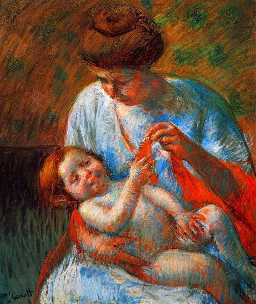 Baby Lying on His Mother's Lap, Reaching to Hold a Scarf