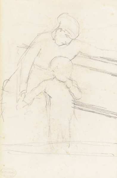 Sketch of Nurse Seated on a Bench, Baby Standing Beside Her