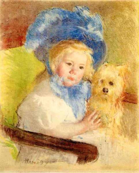 Simone In A Large Plumed Hat  Seated  Holding A Griffon Dog