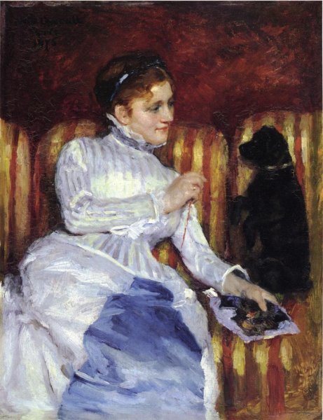 Woman On A Striped With A Dog Aka Young Woman On A Striped Sofa With Her Dog